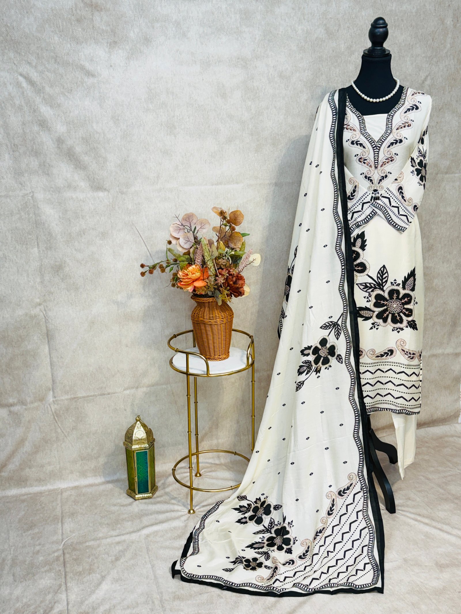Pure Muslin Cotton  BLACK AND WHITE Suit with Beads Work